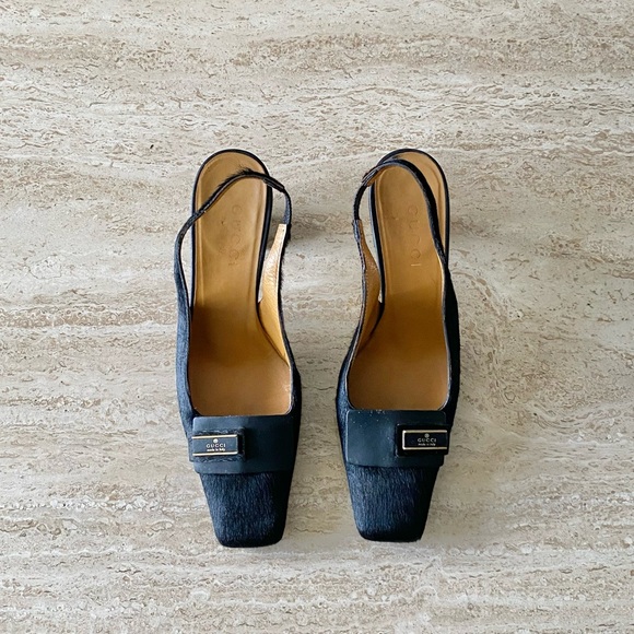 Vintage Gucci Pony Hair Logo Slingback Block Heels - Picture 1 of 9